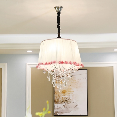 4 Lights Tapered Chandelier Lamp with Crystal Bead and Flower Modern Gathered Fabric Shade Pendant Light for Girls