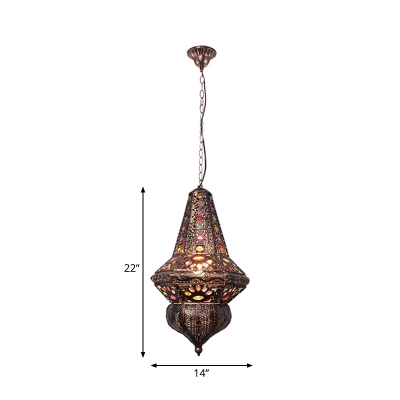 Antique Copper Bohemia Pendant Lighting with Lantern Shade 1 Light Metal Hanging Ceiling Light with Crystal Beads
