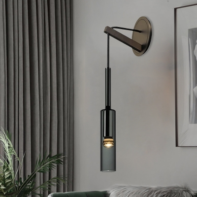 Black Arm Sconce Light Simplicity Metal 1 Head Wall Mounted Light with Cylinder Smoke Grey Crystal Shade