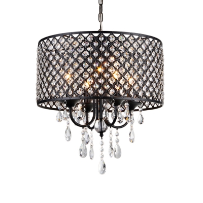 Black/Chrome Drum Chandelier Lamp with Crystal Drop 4 Lights Iron Hanging Pendant Light