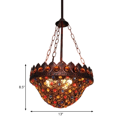 Bohemia Foyer Pendant Light with Bowl Shaped Shade Crystal and Metal 3 Lights Suspension Lamp in Copper