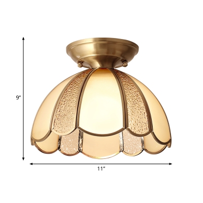 Brass 1 Light Flush Mount Fixture Colonialism Curved Frosted Glass Scalloped Ceiling Mounted Light for Dining Room, 10
