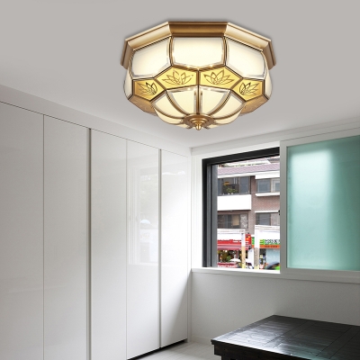 Brass LED Flush Mount Lamp Colonialism White Glass Faceted Ceiling Light for Living Room, 13