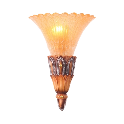 Brown 1-Light Flush Mount Colonialism Textured Glass Flared Wall Light Fixture for Living Room