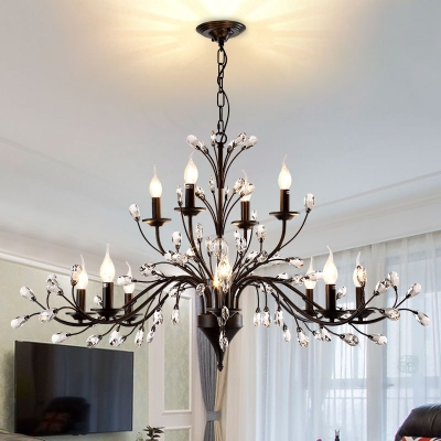 Candle Living Room Pendant Chandelier Traditional Metal 3/6/9 Lights Black Hanging Fixture with Crystal Deco