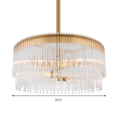 Clear Crystal Pipe Hanging Chandelier Contemporary 6 Lights Ceiling Pendant Light in Brass Finish for Living Room