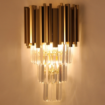 Contemporary Multi Layer Wall Lamp Metal and Crystal Prisms 2/3 Bulbs Wall Mounted Light in Brass