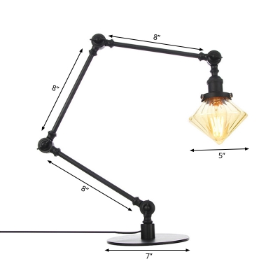 Diamond Shade Bedroom Table Lamp Amber/Clear Glass 1 Head Industrial Style Adjustable Table Light in Black/Brass Finish