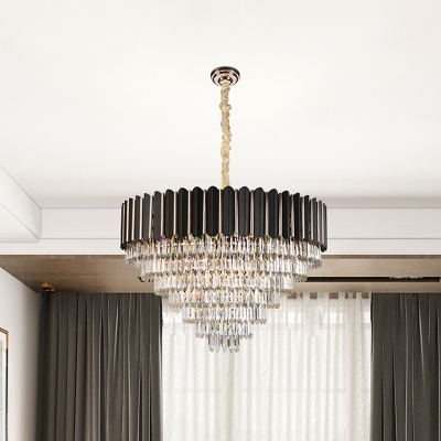 Faceted Crystal Round Shade Chandelier Light with Metal Sheet Modern Multi-Light Ceiling Pendant Light in Black