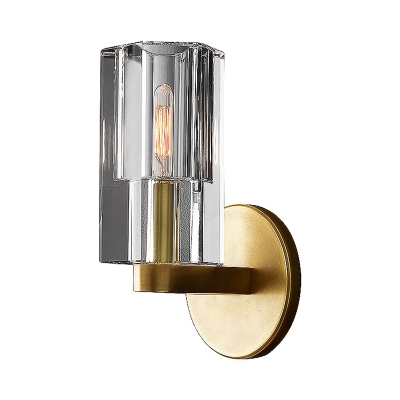 Faceted Wall Lighting Minimalist Clear Crystal 1 Light Sconce Light Fixture with Gold Brass Arm