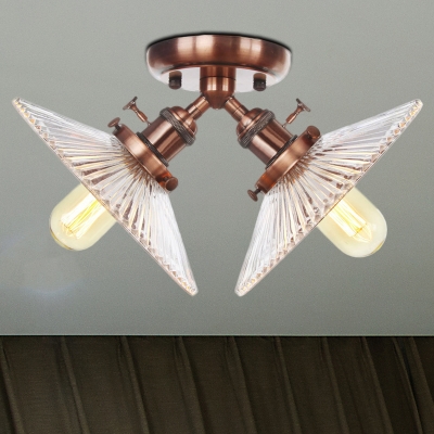 Flared Shade Restaurant Ceiling Lighting Clear Ribbed Glass 2 Lights Industrial Style Semi Flush Light Fixture