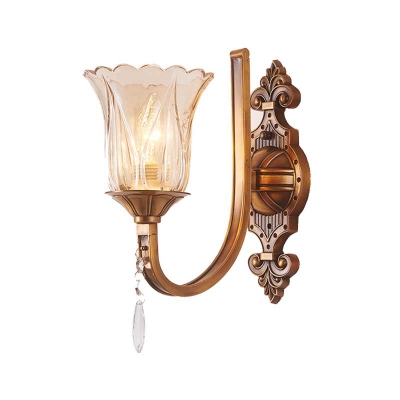 Flower Wall Light Vintage Cognac Glass 1/2 Heads Brass Sconce Light Fixture with Crystal Drop