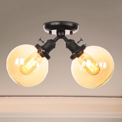 Global Semi Flush Mount Light Industrial Metal and Amber/Clear Glass 2 Heads Indoor Ceiling Lighting in Black/Bronze