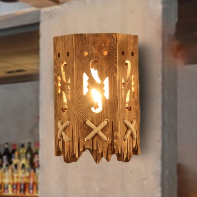 Industrial Carved Wall Mounted Lighting Wooden 1 Bulb Restaurant Wall Lighting Fixture in Brown