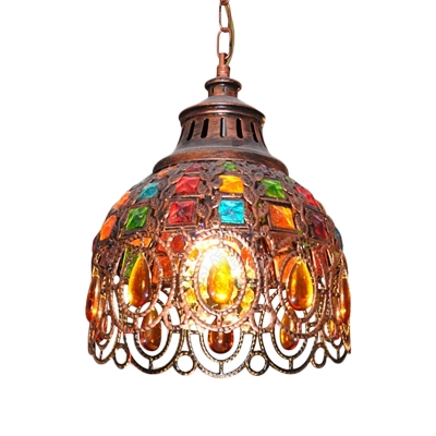 Iron Dome Suspension Lamp 1 Light Weathered Copper Ceiling Pendant Light with Crystal Accents