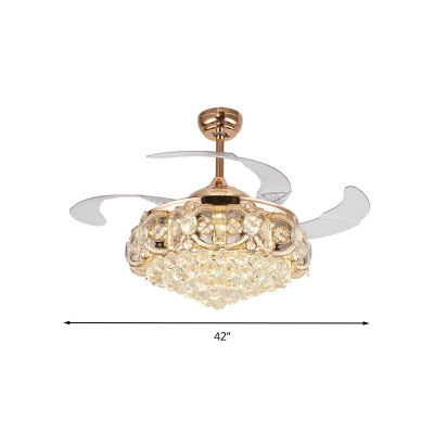 LED Living Room Ceiling Fan Lamp Gold Semi Flush Mount Lighting with Raindrop Crystal Ball