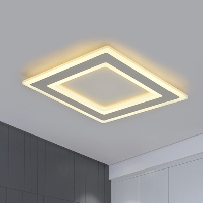 Minimalist LED Ceiling Lamp Metallic White Square Frame Flush Lighting in Warm/White Light