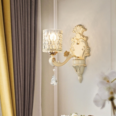 Modern Cylinder Wall Light Clear Dimpled Glass 1/2 Heads Living Room Sconce Light with Crystal Drop in Gold