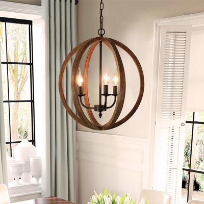 Spherical Shade Chandelier Light Retro Stylish Wood 3 Lights Brown Suspension Lamp for Living Room