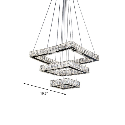 Square Chandelier Lighting LED Crystal Contemporary Pendant Light Fixture in Chrome for Living Room