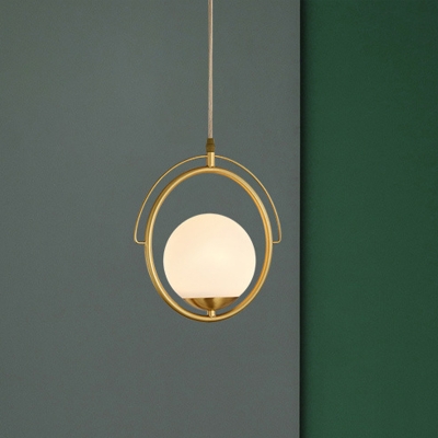 White Glass Globe Pendant Light Postmodern 1 Head Gold Hanging Ceiling Light with Ring Metal Frame