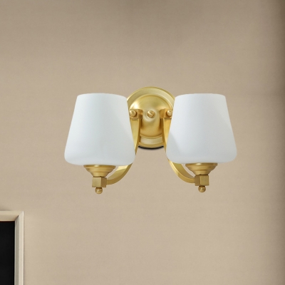 1/2-Bulb Cup Shaped Wall Sconce Light Modern Style White Glass Wall Mount Lamp in Gold for Bedroom