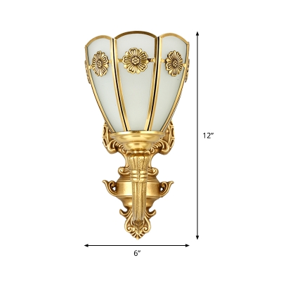 1/2-Light Opal Glass Shade Indoor Sconce Retro Carved Gold Finish Floral Wall Lamp