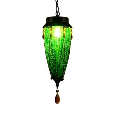 1 Bulb Cone Pendant Light Traditional Red/Yellow/Green Crackle Glass Hanging Lamp for Restaurant