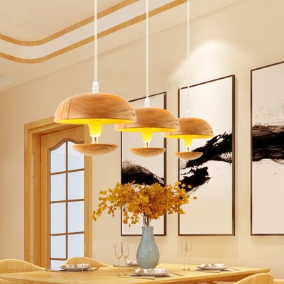 1 Head Round Hanging Light Japanese Wood Ceiling Suspension Lamp in Beige for Living Room