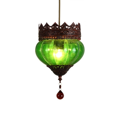1 Light Blue/Red/Green Glass Hanging Ceiling Light Vintage Urn Shaped Restaurant Suspension Lighting Fixture