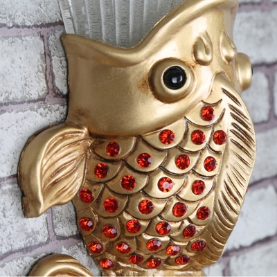 1 Light Fish Wall Lamp Traditional Style Red/Gold Resin Wall Mounted Light with Flared Amber Glass Shade