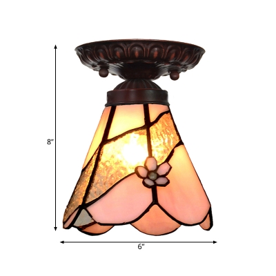 1 Lights Living Room Flush Mount Lighting Tiffany Bronze Ceiling Light Fixture with Flower/Flared/Rhombus Pink Stained Glass Shade