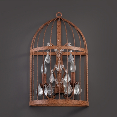 2 Heads Crystal Wall Sconce Industrial Rust Birdcage Living Room Wall Mounted Light
