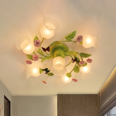 4/7 Bulbs Spiral Ceiling Light Fixture Traditional Green Satin Opal Glass Semi Flush Mount Lighting for Bedroom