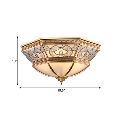 4 Lights Bedroom Ceiling Mounted Fixture Classic Brass Flush Mount Light with Faceted Curved Frosted Glass Shade