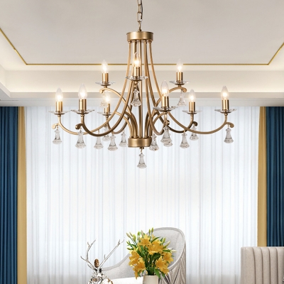 6/9 Lights Crystal Ceiling Chandelier Minimalism Brass Curved Arm Living Room Hanging Lamp