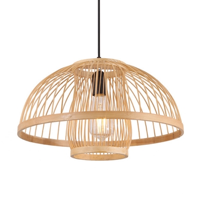 Asia Domed Bamboo Ceiling Lamp 1 Light Hanging Pendant Light in Beige with Inner Cylinder Shade