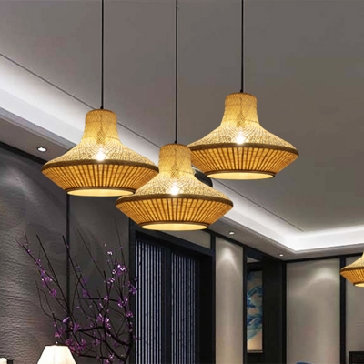 Asia Lantern Shaped Bamboo Suspension Pendant Light 1 Light Ceiling Lamp in Beige for Dining Room