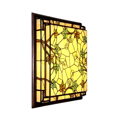Baroque Square Flush Mount Ceiling Light Fixture LED Stained Glass Flushmount in Red/Pink/Yellow for Living Room