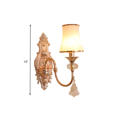 Bell Living Room Sconce Light Traditional Milk Glass 1/2 Heads Gold Wall Lighting Fixture with Dangling Crystal Accent
