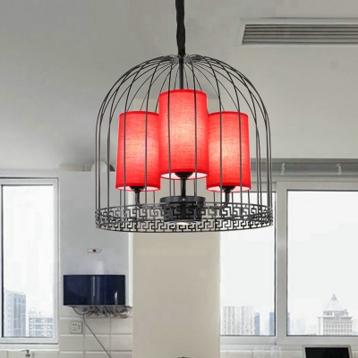 Birdcage Metal Chandelier Lighting Traditional 3/5 Heads Black/Gold Suspension Light with Red Fabric Cylinder Shade