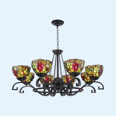 Black 3/6/8 Lights Chandelier Mediterranean Stained Glass Scrolling Arms Hanging Lamp Kit for Living Room