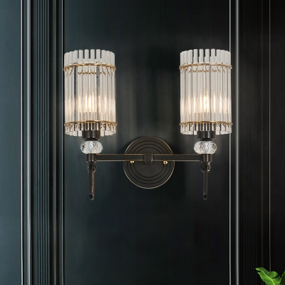Black Cylinder Wall Sconce Lighting Traditional 1/2 Bulbs Clear Crystal Wall Light Fixture