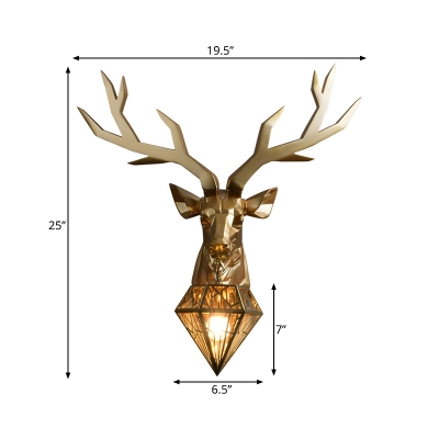 Black/White/Gold Deer Wall Sconce Country Style 1 Bulb Resin Wall Lighting Fixture with Diamond Cage Shade, 14.5