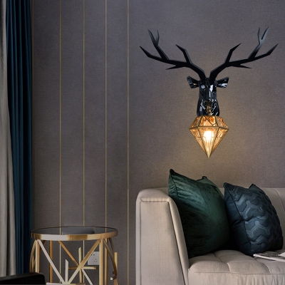 Black/White/Gold Deer Wall Sconce Country Style 1 Bulb Resin Wall Lighting Fixture with Diamond Cage Shade, 14.5