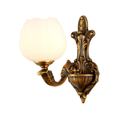 Bowl Shade Milk Glass Wall Light Traditional 1/2-Light Restaurant Wall Mounted Lamp in Antique Brass