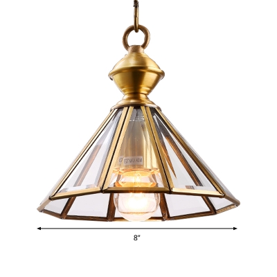 Brass Cone Down Lighting Pendant Retro Clear Glass 1 Light Living Room Ceiling Suspension Lamp