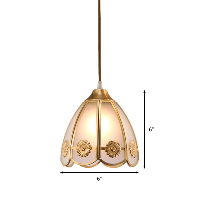 Brass Single Head Down Lighting Traditional Opal Frosted Glass Scalloped Pendant Ceiling Light for Entry