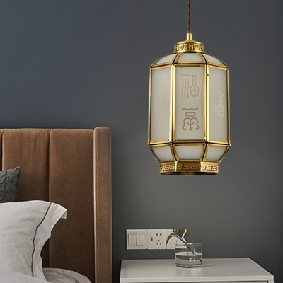 Brass Single Light Down Lighting Traditional Opaque Glass Lantern Pendant Ceiling Light
