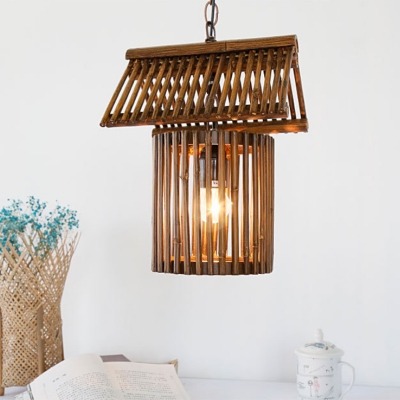 Brown House Shaped Pendant Lamp Asia 1 Light Bamboo Hanging Ceiling Light for Dining Room